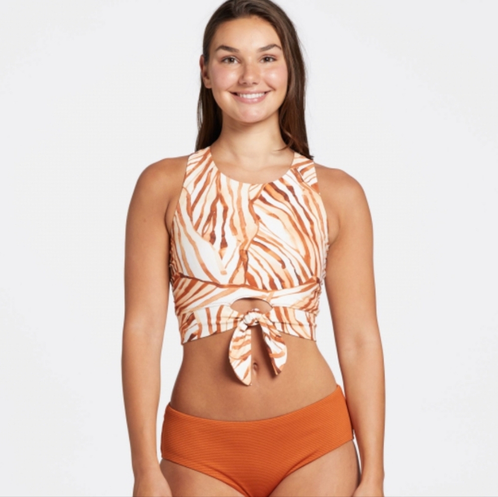 CALIA Women's Tie Front Long Line Swim Top Orange and White Zebra